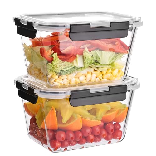 Liuruiyu 2 Pack Large Glass Food Storage Containers with Lids, 63oz Big Meal Prep Containers, Airtight Bento Boxes with Leak Proof Locking for Microwave, Oven, Freezer and Dishwasher, BPA Free - color: 2 Pack-63oz