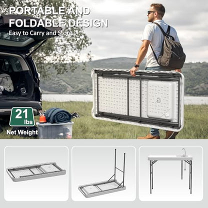 42.5" Fish Cleaning Table with Sink, Folding Camping Table & Fish Cleaning Station with Measure Mark, Camping Sink with Hose Hookup for Outdoor Picnic, Beach, Dock & Patio Use - style: Fish cleaning table