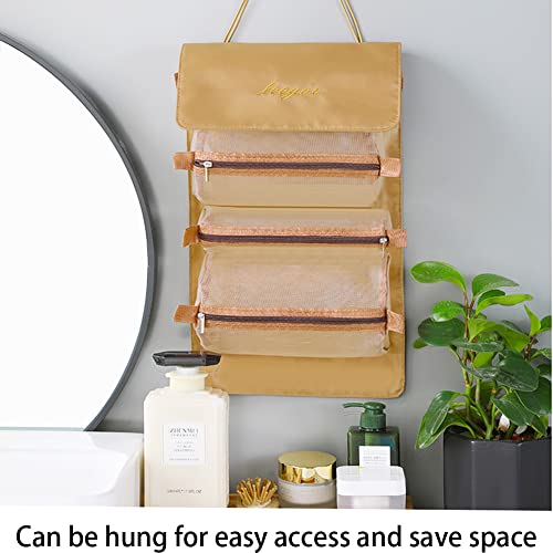 Roll Up Makeup Bag, Hanging Toiletry Bag, 4 in 1 Detachable Cosmetic Bag, 4 Removable Storage Bags, Travel Makeup Organizer Bags for Women Men(Khaki) - color: Khaki