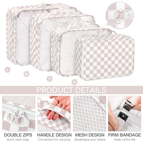 KPX 8 Set Packing Cubes for Travel, Luggage Packing Organizers Accessories Large Toiletries Bag for Clothes Shoes Cosmetics (8Set-Nude Pink Plaid) - color: 8Set-Nude Pink Plaid