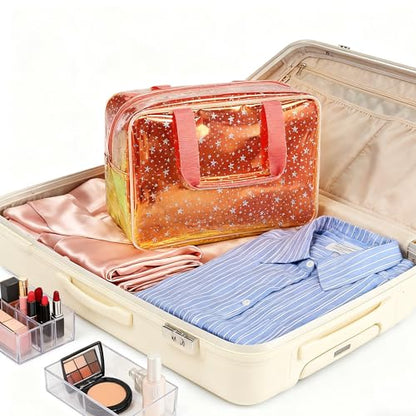 Holographic Brown Clear Star Large Cosmetic Bag and TPU Travel Pouch with Handle,Durable Material,Zipper Design-Ideal for Makeup,Travel Essentials 11.81x5.12x8.27inch (Brown) - color: Red