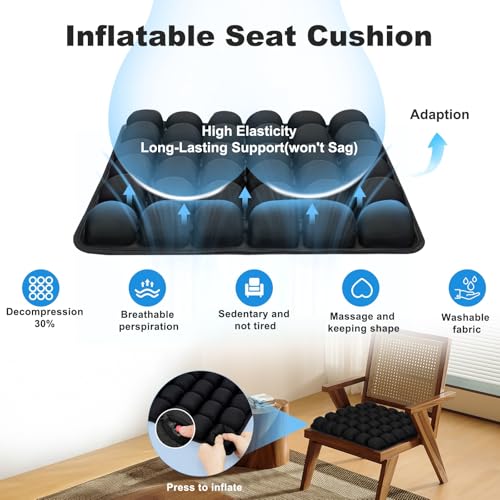 Inflatable Seat Cushion with Built-in Pump - Airplane Seat Cushion for Long Flights, 17" x 17" Inflated Size for Pressure Relief, Fits Stadium Bleachers, Hard Wooden & Folding Chairs