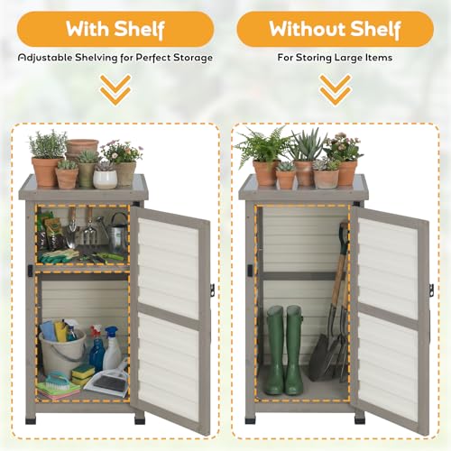 Outdoor Storage Cabinet with Metal Top, Wooden & Plastic Potting Bench & Tool Organizer, Adjustable Shelf for Patio Backyard Garden, Small Outdoor Cabinet for Tools - size: 18"L x 18"W x 33.5"H White