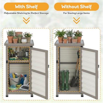 Outdoor Storage Cabinet with Metal Top, Wooden & Plastic Potting Bench & Tool Organizer, Adjustable Shelf for Patio Backyard Garden, Small Outdoor Cabinet for Tools - size: 18"L x 18"W x 33.5"H White