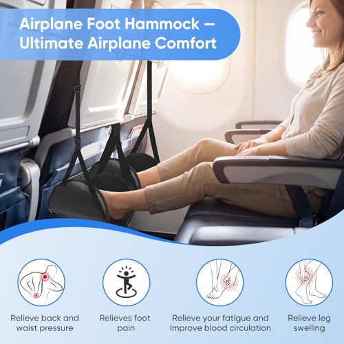 Airplane Foot Hammock, 2-Pack Travel Essentials Foot Rest for Plane Travel with Adjustment Strap, Long Flight Must Haves