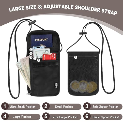 Likesing 5.5" L x 7.9" W Travel Neck Wallet, RFID Blocking Passport Holder, Security Lightweight Passport Travel Wallet, Neck Pouch Gifts for Women Men(Black) - color: Black