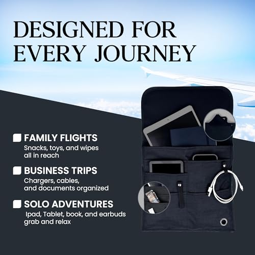 SO~MINE Airplane Pocket Organizer | Tray Table Cover | In Flight Seat Back Organizer Bag | Commuter Essential Travel Bag | Media Pouch For Flying | Travel Gift | Attaches To Luggage - color: Black