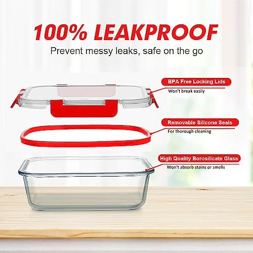 VERONES 12 Packs Glass Food Storage Containers Set, Airtight Glass Lunch Containers, Glass Meal Prep Containers with Lids,Exclusive of BPA, for Microwave, Oven, Freezer & Dishwasher Friendly,Red - color: Red