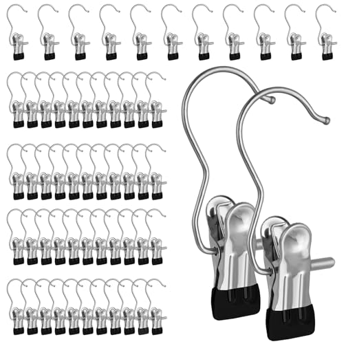 50PCS Space-Saving Clothespin, Portable 360° Rotating Stainless Steel Hanging Hook Clips Towel Clips,Laundry Hooks Hanging Clips with Clips for Home and Travel, Black - color: Black