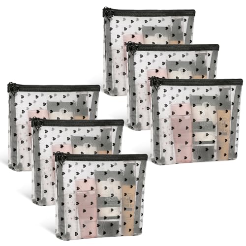 6 Pack Mini Zipper Mesh Makeup Bags, Heart Print Nylon Cosmetic Bags Toiletry Bags for Office Travel Organization (Widened-Beige, S) - color: Widened-Beige, size: S