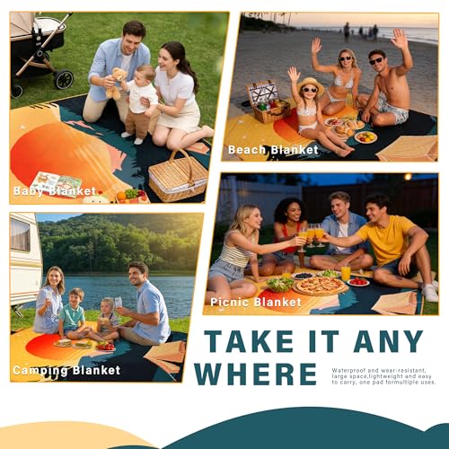 Tirrinia Picnic Blanket Waterproof, 70"x80" Extra Large Outdoor Blanket Waterproof, 3-Layer Foldable Picnic Mat with Sandproof Backing for Beach, Camping, Hiking, Park, Travel - color: Orange Sun