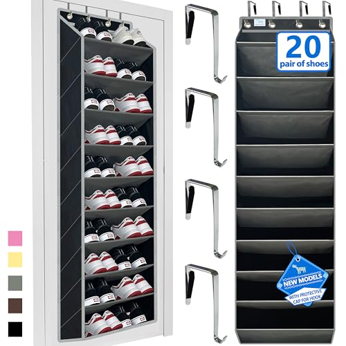 Over the Door Shoe Organizer, 20 to 30 Pairs Hanging Shoe Holder, Heavy Duty Extra Deep Pockets Shoe Storage for Closet, Anti-Scratch Hooks & FSC-Certified Bamboo - Black/Grey - color: Black/Grey