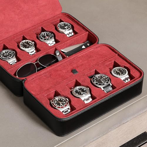 ROTHWELL 8 Watch Travel Case Storage Organizer for 8 Watches, Sunglasses, Rings & Cufflinks |Tough Portable Protection with Zipper Fits Most Wristwatches & Smart Watches Up to 50mm (Black/Red) - color: Black/Red