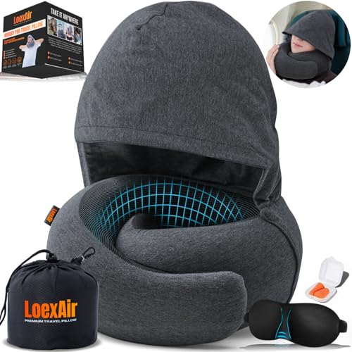 LOEXAIR™ Hooded Pro Travel Pillow - Memory Foam Neck Support Pillow for Airplane, Flight - Super-Soft Pure Cotton Fabric, Maximum Privacy & Light-Block Design, Lightweight Full Travel Kit - Dark Grey - color: Dark Grey, size: Hooded Pro