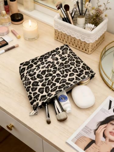 Brown Leopard Canvas Makeup Bag Organizer for Women & Girls - Large Capacity Travel Toiletry Pouch | Purse Organizer Cosmetic Zipper Bag - color: leopard print