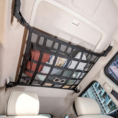 Upgrade Car Ceiling Cargo Net Pocket,31.5"x21.6" Double-Layer Roof Storage Organizer,Overhead Net for SUV & Van Camping,Travel Road Trips,Van Life Essentials,Fit 4 Handle Vehicles - size: 31.5 x 21.6 inches