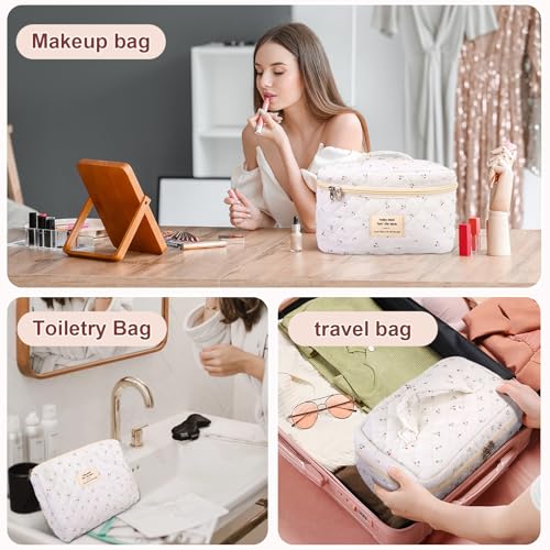 GISMTR 3Pcs Cotton Quilted Makeup Bag Large Travel Cosmetic Bag Coquette Makeup Pouch Cute Aesthetic Floral Toiletry Bag for Women Girls (cherry-B) - color: cherry-B