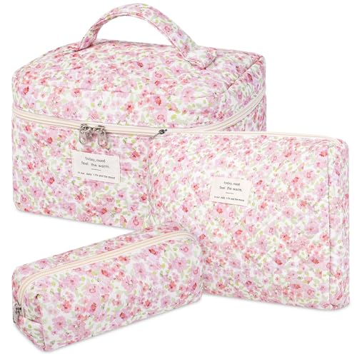 senbowe Floral Makeup Bag, 3 Pack Large Cotton Quilted Makeup Bag Set, Cute Floral Coquette Aesthetic Toiletry Bag Make Up Cosmetic Bag for Women, Toiletry Travel Make Up Organizer Bag - color: Pink-Green Flower