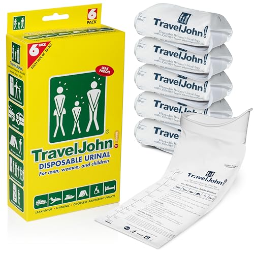TravelJohn Disposable Urinal Bags – Road Trip Essentials for Men, Women & Kids – Odorless Leakproof Portable Urine Bags – Ideal for Camping, Emergencies & Long Car Rides (TJ1A-C) - style: 6 Pack