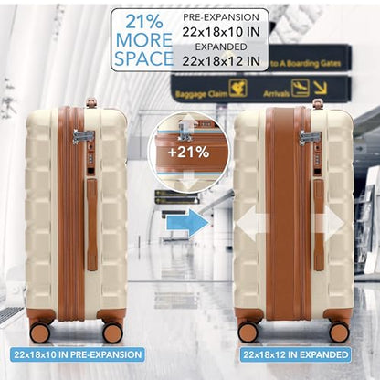 Flight Knight 22x18x10 Expandable Carry On Suitcase Hardside TSA Lock & USB C Port Lightweight Luggage Silent Double Spinner Wheels Maximum Spirit Overhead Carry-On Bag Airlines Approved Cream - color: Cream/Tan, size: 22x18x10"