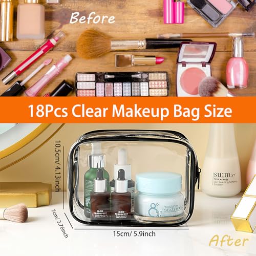18 Pieces Clear Cosmetics Bag Bulk, TSA Approved Toiletry Bag for Travel, Clear PVC Zippered Cosmetic Makeup Pouch, Waterproof Vinyl Plastic Organizer Case for Vacation Bathroom (Small) - color: 18 Small Black