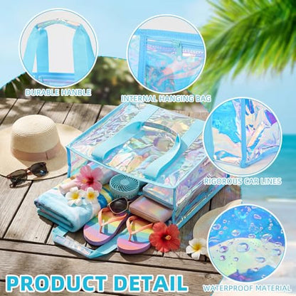Hsei 6 Pcs Clear Iridescent Beach Bag with Phone Pouch for Women Beach Travel Large Waterproof Tote Bags for Vacation Picnic - color: Iridescent Blue