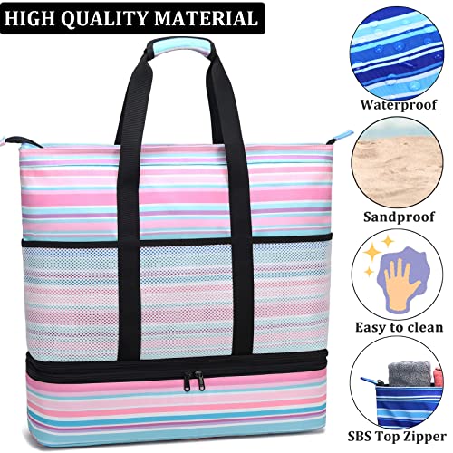 JIANYA Beach Bag Women Waterproof Sandproof Beach Tote Bags with Cooler Top Zipper Large Totes for Pool Travel Daily - color: Small Stripes Pink