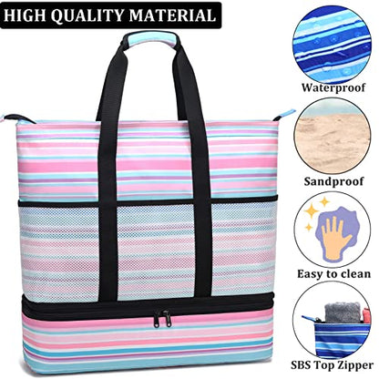 JIANYA Beach Bag Women Waterproof Sandproof Beach Tote Bags with Cooler Top Zipper Large Totes for Pool Travel Daily - color: Small Stripes Pink