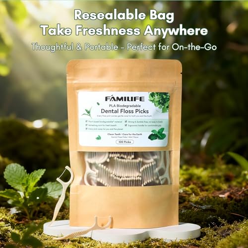 FAMILIFE Eco-Friendly Floss Picks (100Pcs) - Plant Based Dental Floss Picks with Strong Toughness, Natural Tooth Picks Flossers for Adults Daily Oral Cleaning & Gentle Gum Care, Mint Flavor - color: Beige 100 Pcs