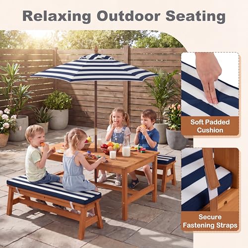 HONEY JOY Kids Picnic Table, Large 42” x 23” Tabletop, Fir Wood Toddler Outdoor Table & Bench Set w/Removable Cushions & Umbrella, Children Backyard Furniture for Patio Garden, Seats for 4 (Blue) - color: Blue