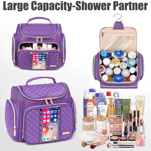 Large Toiletry Bag for Women Men,Bathroom Bag,Water Resistant Shower Bag,Makeup Bag,Toiletry Bags for Traveling,Hanging Toiletry Bag with Transparent Waterproof Phone Pocket (Purple) - color: Purple