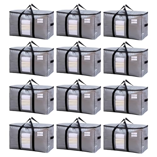 TAILI Extra Large Moving Bags, 12 Pack Silver Heavy Duty Totes For Storage with Visible Window, Wrap Around Handles, Storage Bags for Space Saving, Alternative to Moving Boxes - color: Silver, size: 12 Large