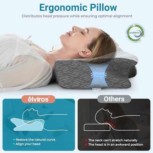 Elviros Cervical Neck Pillow for Sleeping, Memory Foam Pillow for Neck Pain Relief, Side Sleeper Cooling Pillows for Adults, Neck Support with Removable Pillowcase for Back & Stomach Sleepers - color: White, size: Queen Size 26Lx16.5Wx(4.3"-5")H