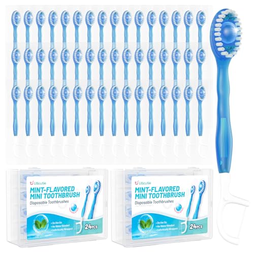 48 Pack 5 in 1 Disposable Mini Toothbrushes with Toothpaste, Floss, Pick & Tongue Scraper, Individually Wrapped, Portable Toothbrush Travel Set for Kids Adults, Mint Flavor - color: Mint Flavor, size: 1 Count (Pack of 48)