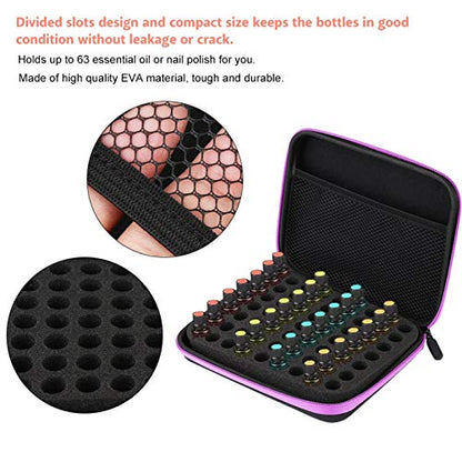 OUKENS Essential Oil Carrying Case, 1-3ml 63 Slots Hard EVA Shell Essential Oils Storage Organizer Bag with Foam Insert and Carrying Handle (Purple) - color: Purple