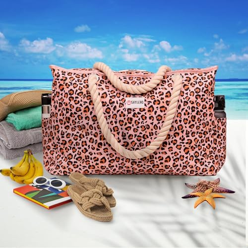 Beach Bag and Pool Bag Has Cooler Pocket, 7 Pockets Total, Zip Top. Family Size Waterproof Beach Tote - color: Leopard