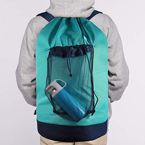 Dalykate Laundry Backpack with Shoulder Straps and Mesh Pocket Durable Nylon Clothes Hamper Bag with Drawstring Closure for College, Travel, Laundromat, Apartment - color: Blue