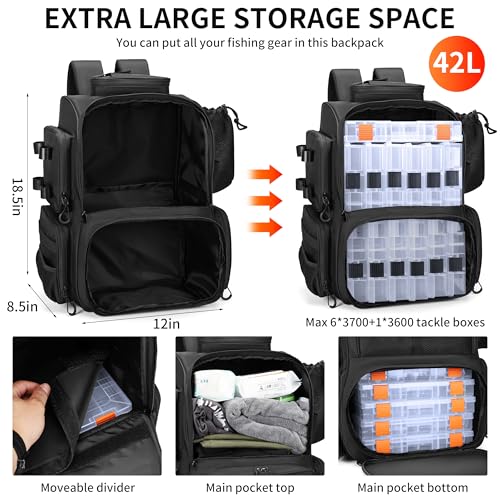 Rabjen Fishing Tackle Backpack with Rod Holders, Bottle Holder, Storage Bag Store Fishing Gear - color: Black