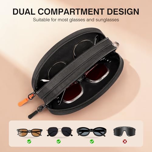 Marvolia Double Glasses Case Large Soft Eyeglass Case for Women Men Portable Zipper Sunglasses Pouch with Keychain Clip - color: Black