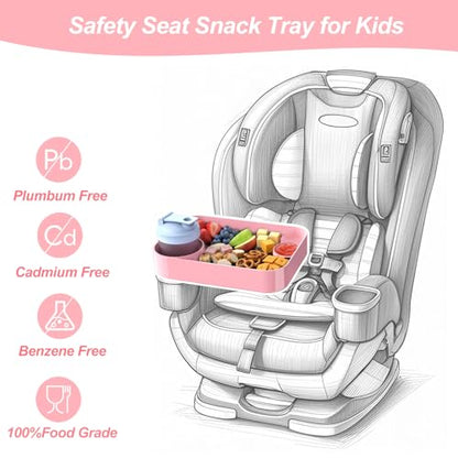 Car Seat Snack Tray for Kids, Mess-Free Square Travel Tray Cup Holder Snack Tray, Durable Car Food Tray for Toddlers, Universal Fit Kids Travel Road Trip Essentials (1, Pink) - color: pink