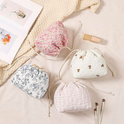 Cotton Quilted Drawstring Makeup Bag with Canvas Lining,Coquette Aesthetic Cute Travel Toiletry Bag,Drawstring Gift Bag for Women and Girls（15Dot Bear） - color: 15Dot Bear