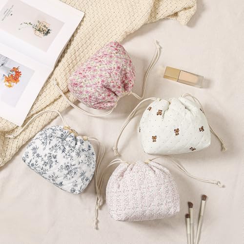 uekeboag Cotton Quilted Drawstring Makeup Bag with Canvas Lining,Coquette Aesthetic Cute Travel Toiletry Bag,Drawstring Gift Bag for Women and Girls（16Dark Blue） - color: 16Dark Blue