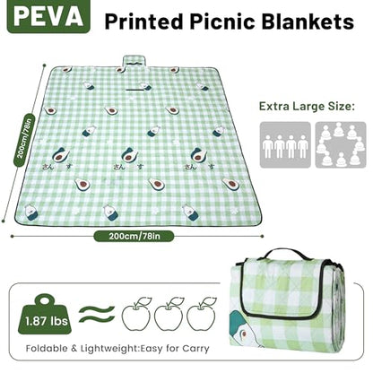 Dimatic Cute Picnic Blankets 78"x78" Extra Large Beach Blankets Waterproof Sand Proof Foldable Portable for Outdoor Family Camping - color: Avocado