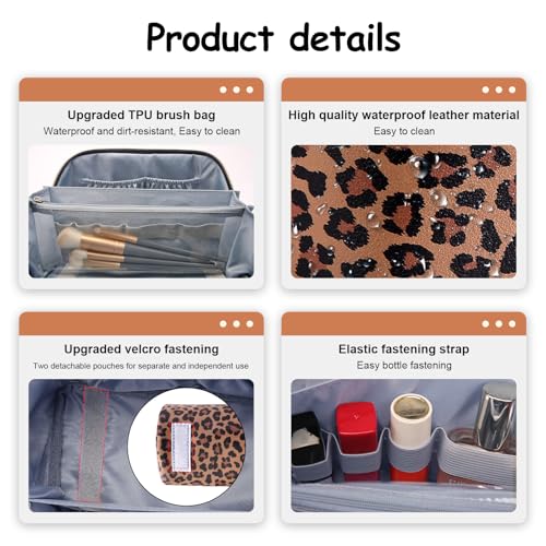 BOYATU Travel Makeup Bag Organizer: 3 Pcs Set Leopard Make up Bag for Women | Vegan Leather Cosmetic Bags with Compartments - Waterproof Toiletry Bag - 180° Open-Flat Make up Case for 3-15 Day Trips - color: 01-Brown