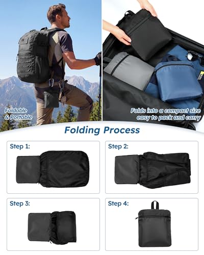 Small 20L Foldable Hiking Daypack for Men Women – Ultra Lightweight Tactical Packable Backpack for Travel, Camping Outdoor, Black - color: Black