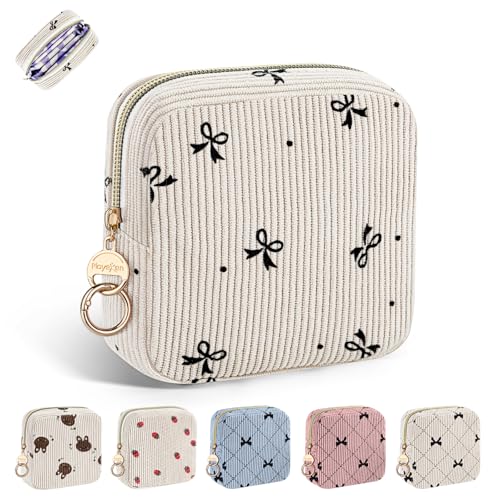 Cute Period Bag for Teen Girls, Corduroy Sanitary Napkin Storage Bag, Menstrual Pad Pouch Tampon Holder for Purse (Black Bow Tie) - color: Beige-black Bow Tie