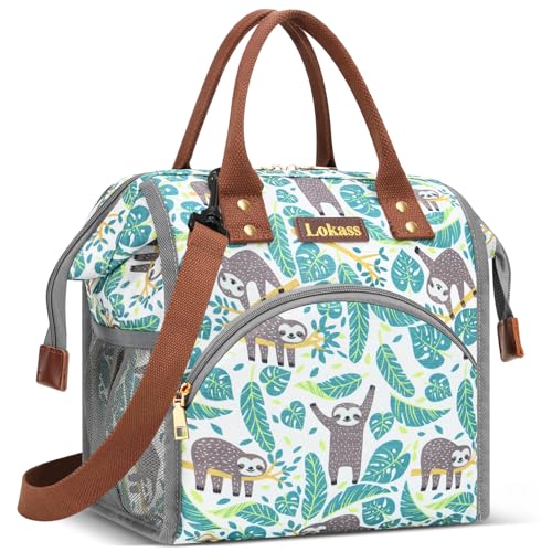LOKASS Lunch Bag Insulated Lunch Box Wide-Open Lunch Tote Bag Large Drinks Holder Durable Nylon Snacks Organizer with Removable Shoulder Strap for Women Men Adults Work Outdoor,Sloth - color: Sloth