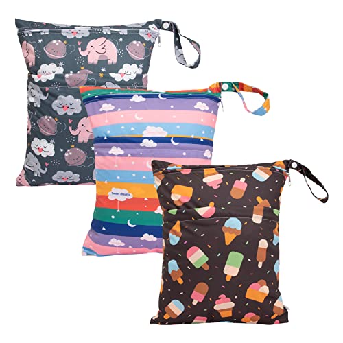babygoal Wet Dry Bags 3 Pack for Baby Cloth Diapers, Washable Travel Bags, Beach, Pool, Gym Bag for Swimsuits & Wet Clothes with Two Zippered Pockets 3LN27 - color: Elephant and ice cream