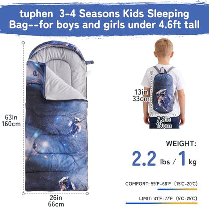 tuphen Kids Sleeping Bag - 50-77℉ 3-Season Waterproof Sleeping Bag for Boys & Girls, Lightweight 2.2 lbs Camping Gear with Compression Bag Ideal for Camping, Hiking, Indoor - color: Blue