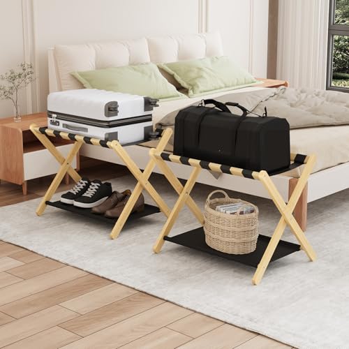 Smuxee Natural Bamboo Luggage Rack Pack of 2, Foldable Suitcase Stand with Storage Shelf, Easily Assembled Luggage Stand with 5 Nylon Straps for Guest Room Bedroom Hotel - color: Natural 2PCS